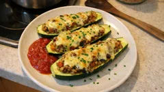 Gefüllte Zucchini aus dem Ofen – mit nussiger Grünkernfüllung und Gruyère