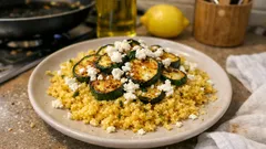 Gebackene Zucchini mit Feta auf Zitronen-Couscous – unkompliziertes Ofengericht