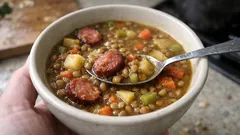 Linsensuppe mit Würstchen wie früher – deftig, sättigend und ganz einfach gekocht