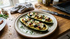 Gefüllte Zucchini aus dem Ofen: mit Couscous, Oliven und knusprigen Pinienkernen