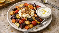 Ofengemüse vom Blech mit Feta & Joghurt-Dip – einfach, würzig und schön knusprig