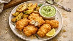 Kabeljau im Käse-Bierteig: knusprig, saftig – mit Rosmarin-Kartoffeln & Avocado-Dip