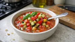 Kalte Gemüsesuppe mit Tomaten und Gewürzgurken – perfekt für heiße Tage