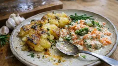Knusprige Smashed Potatoes mit Brokkoli und Möhren-Raita – einfach aus dem Ofen