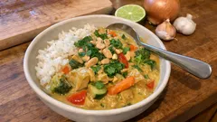 Cremiges Jackfruit-Curry mit Kokosmilch und Erdnüssen – einfach nachgekocht