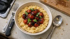 Cremiges Cheddar-Risotto mit Balsamico-Kirschtomaten – perfekt für den Feierabend