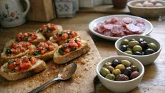 Antipasti-Buffet ganz einfach: Bruschetta, Oliven und Salami wie in Italien