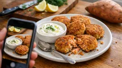 Fischfrikadellen mit Räucherlachs und Süßkartoffel – dazu ein frischer Zitronen-Joghurt-Dip