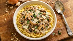 Pilz-Stroganoff mit Bandnudeln: cremig wie im Restaurant, ganz ohne Fleisch