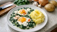 Ofeneier im cremigen Spinat – dazu fluffiges Kartoffelpüree, ganz unkompliziert