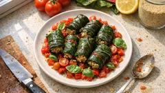 Vegane Mangold-Couscous-Röllchen aus dem Ofen – auf saftigem Tomatenbett