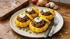 Gefüllte Patissons aus dem Ofen – mit Lammhack, Bohnen und Tomaten schön saftig