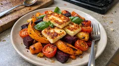 Ofengemüse mit Halloumi vom Blech – würzig, goldbraun und ganz entspannt