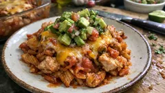 Dieser Linsennudel-Hähnchen-Auflauf mit Avocado-Salsa macht das Abendessen einfach